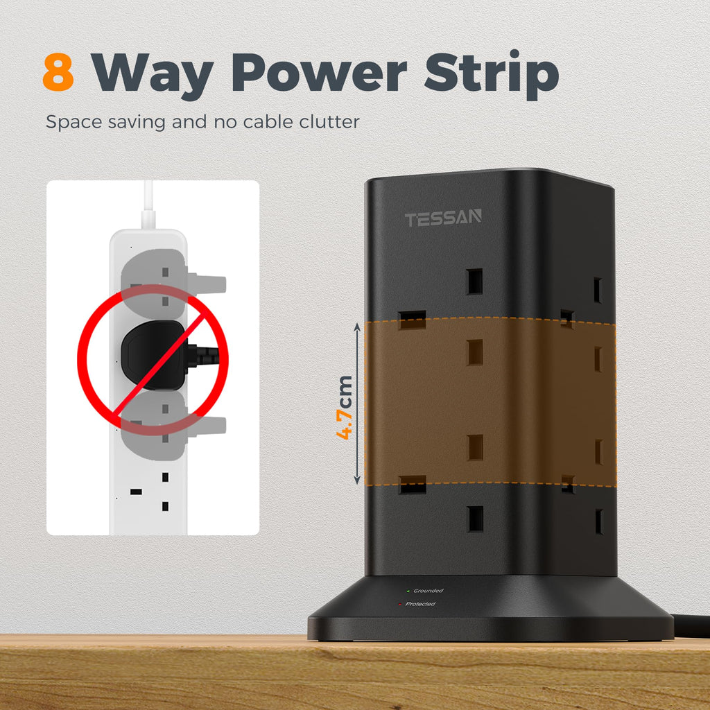 TESSAN Tower Black Extension Lead with USB C Slots
