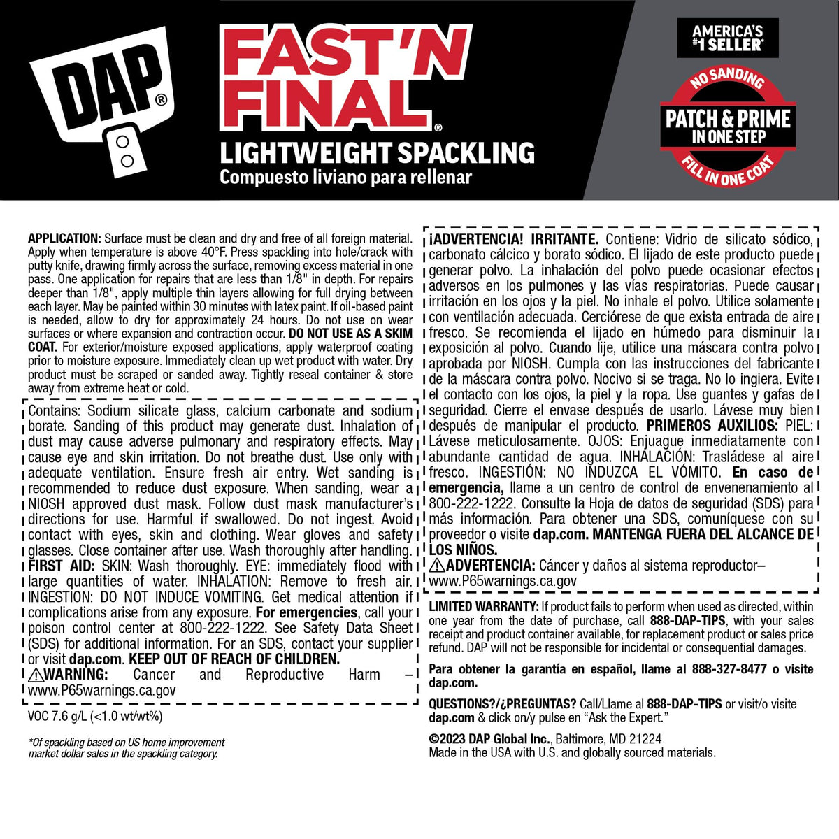 DAP Fast 'N Final Lightweight Spackling, White, 8 Oz (7079812140) (Pack of 12)