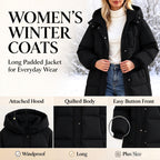 Winter Jacket Women Long With Hood, Plus Size Puffer Jackets For Women Uk,Ladies Coats And Jackets With Pockets Windproof Coats Black Parka Coat For Outdoor Hiking Travel