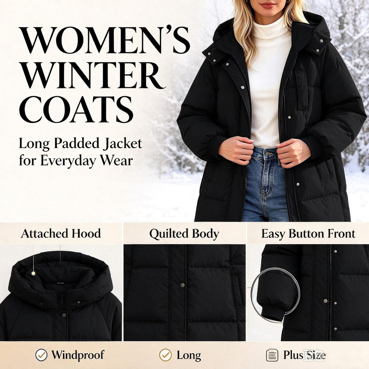 Winter Jacket Women Long With Hood, Plus Size Puffer Jackets For Women Uk,Ladies Coats And Jackets With Pockets Windproof Coats Black Parka Coat For Outdoor Hiking Travel