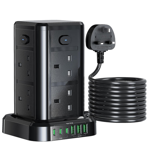 10M Tower Extension Lead with USB, Toomke 8 Way Multi Socket Plug Extension (3 USB A & 3 Type C), Overload Protection Tower Power Strip with Switches, 13A 3250W UK Socket Tower Power Cords 10 Meters