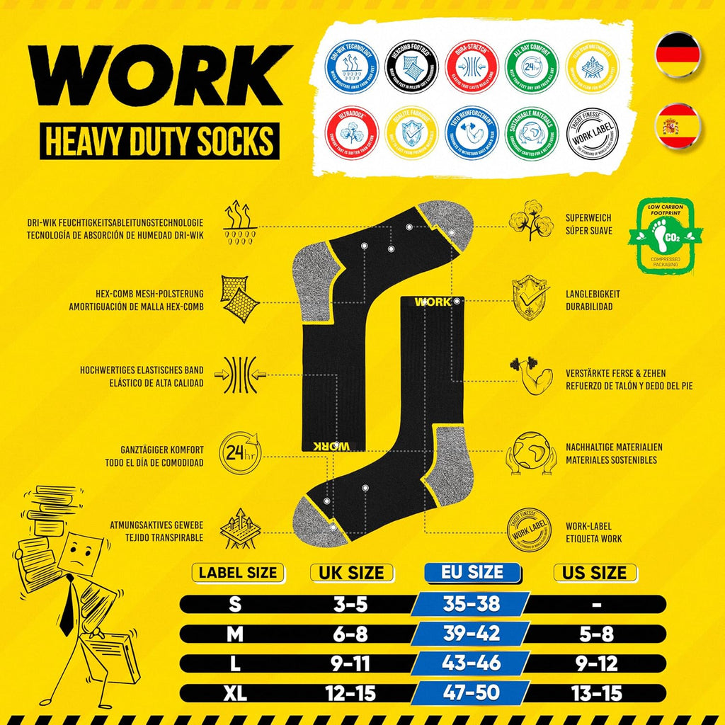 SOXCO 10 Pairs Men’s Work Socks, Black Crew Length | DRI-WIK Moisture Management Technology | Super Soft Cushioned Footbed | Reinforced Heel & Toe | Dura-Stretch Elastane | Pack of 6 or 10 Pairs