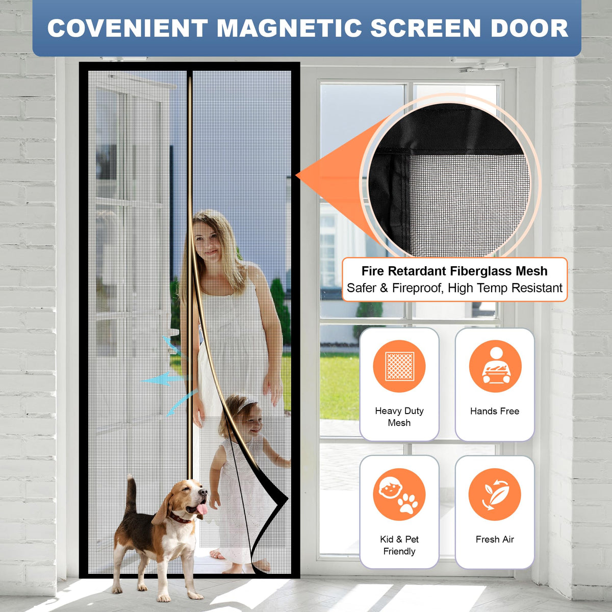 METAONLY Magnetic Screen Door Mesh, Works for Patio, Sliding Door, Keeps Bug Mosquito Out, Fresh Air Flow, Fits 32" x 80" Door - Curtain Size 34" x 82", Black with Lace