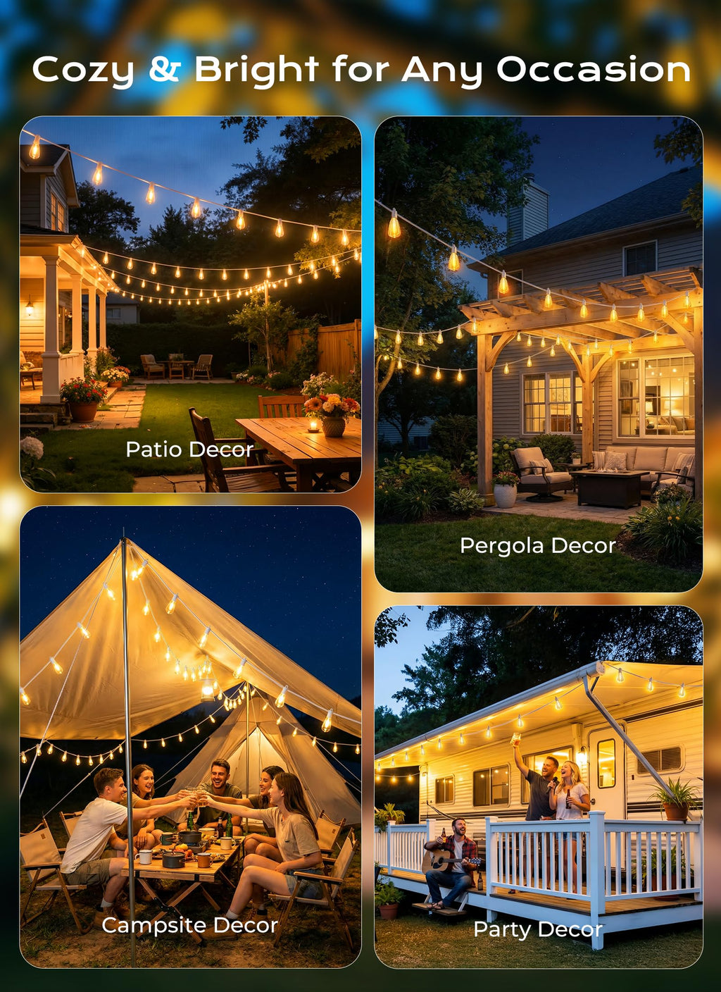 Brightown 52FT Solar String Lights Outdoor Waterproof, Last 30+ Hrs Runtime